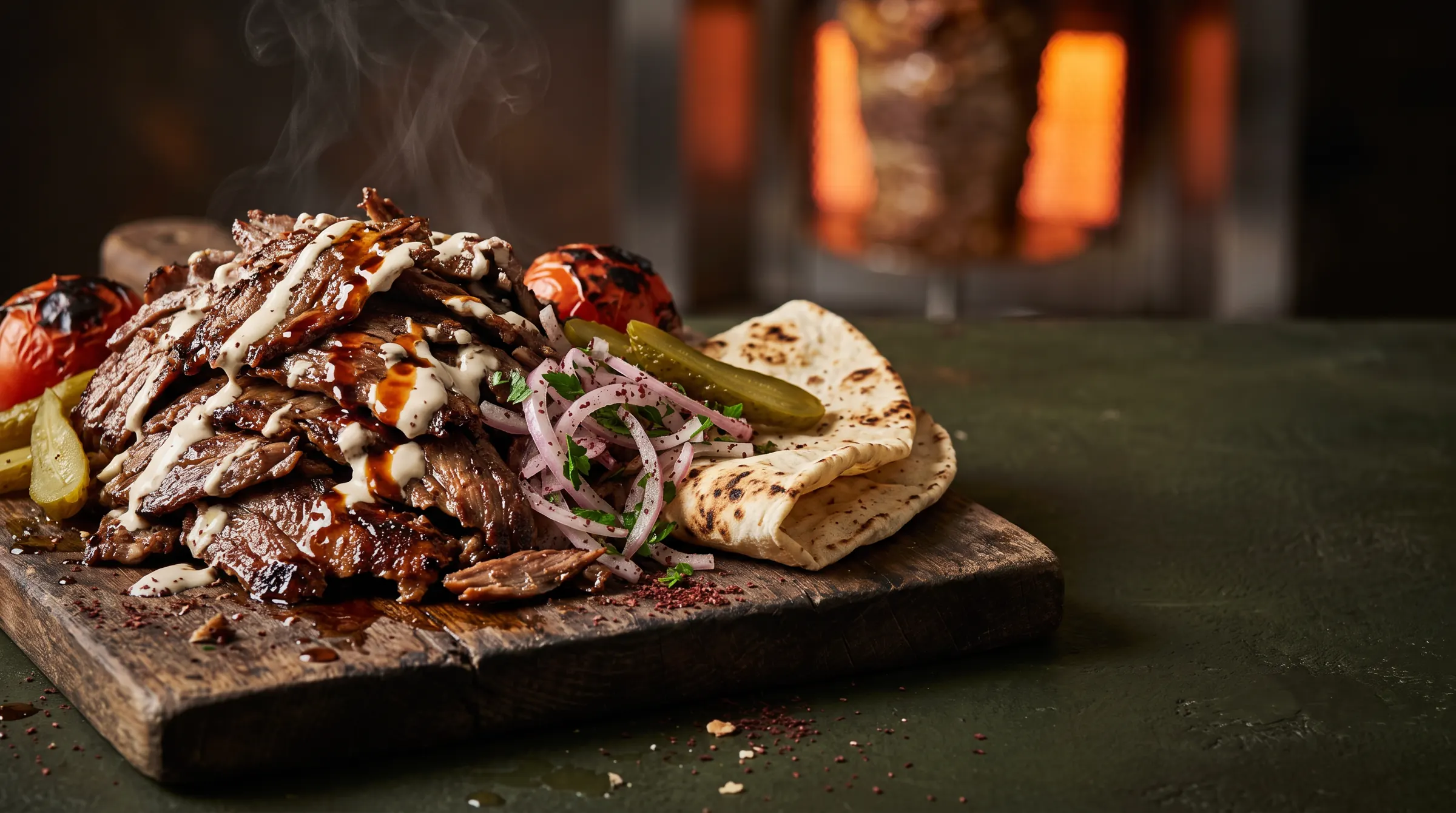 Beef shawarma with tahini, pickles and grilled tomato next to thin bread